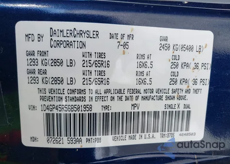 2006 Dodge Caravan Sxt z USA, uszkodzony, nr VIN 1D4GP45R56B501958